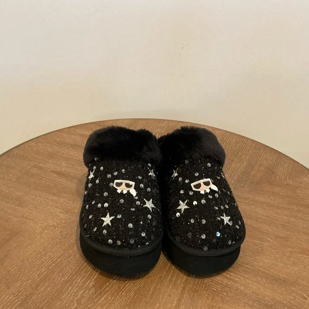 Karl Lagerfeld Hessa Tweed Gold Faux Fur Trim Platform Slides